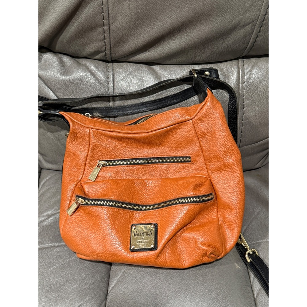 Valentina Italia Burnt Orange Pebbled Leather Crossbody Bag Gold Hardware Hobo